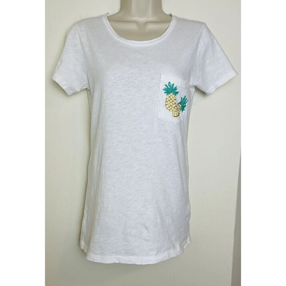 J.Crew Women's Pineapple Pocket Tee Top Short Sleeve Size XXS White Sequins